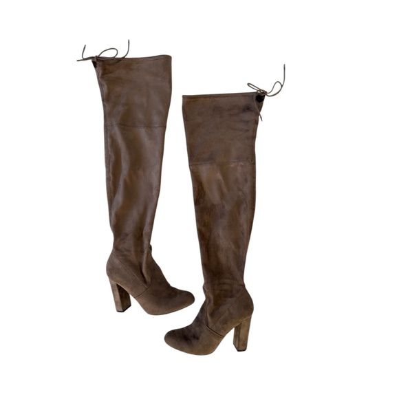 Suede Over the Knee High Boots Block Heel Taupe Modern Parisian Chic Boho 7.5 - Picture 3 of 12
